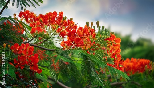 Bright Red Royal Poinciana Flowers Delonix Regia Amidst Lush Green Foliage N Exotic Tropical Beauty