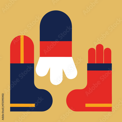 Three colorful winter boots and mittens on a yellow background
