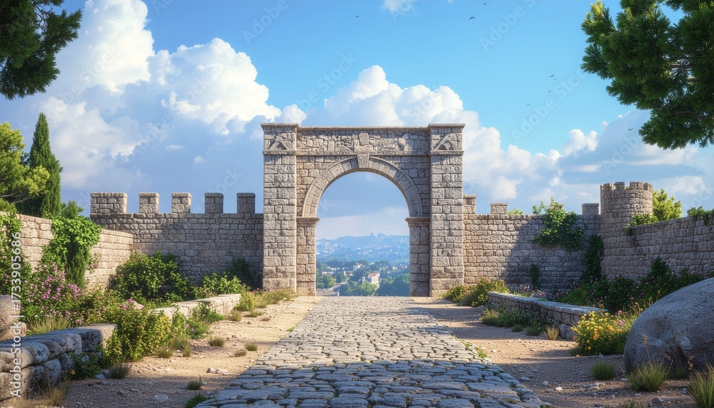 Obraz premium Realistic Ancient City Stone Gate with Historic Walls