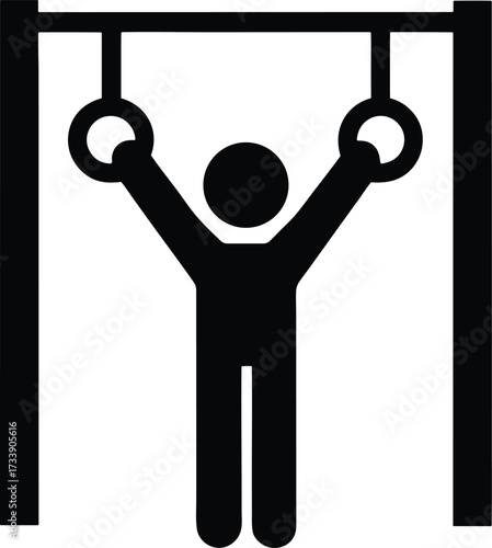 stickman hanging from gymnastics rings silhouette vector icon