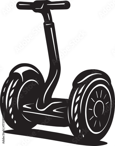 Stylized black and white illustration of a self balancing personal transporter with two wheels and a handlebar