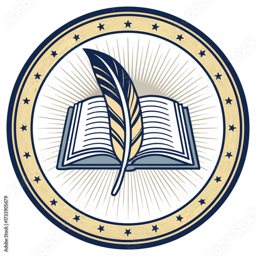 A circular emblem features an open book with a quill pen.