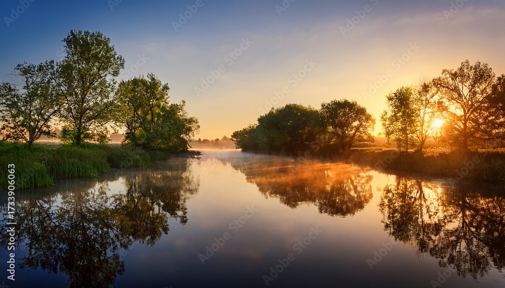 Obraz premium Tranquil River At Sunrise With Trees Reflected In The Water