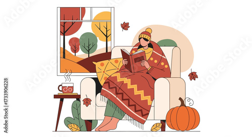 Woman reading at home flat color vector illustration. Lounge room. Person hold book with blanket on shoulder. Pets with owner in living room. Female flat illustration cartoon character with interior