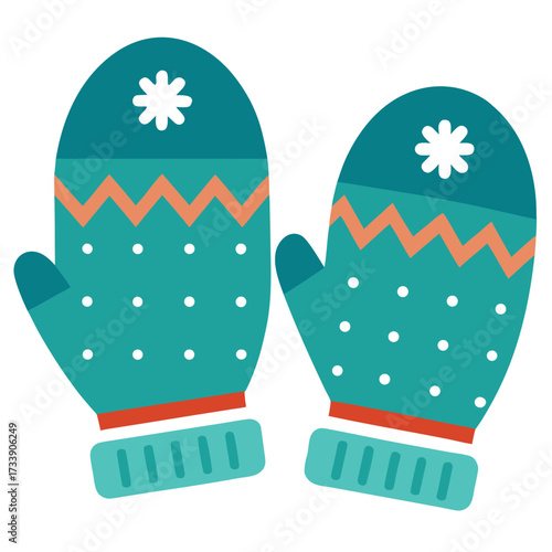 Pair of teal winter mittens with zig zag pattern and polka dots