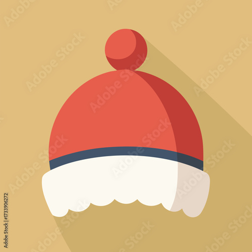 Red winter hat with pompom and fur trim, flat design, long shadow