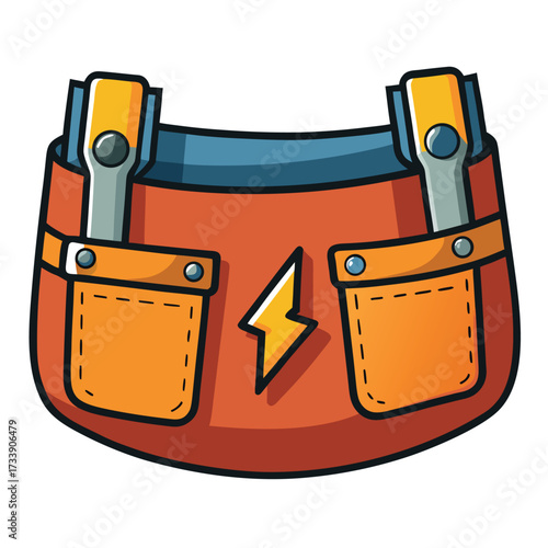 Cartoon tool belt with orange pockets and lightning bolt emblem Keywords: tool belt, utility belt, workwear