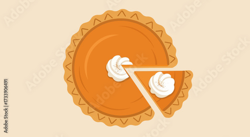 Pumpkin pie with whipped cream top view. Vector illustration in flat style on white background.