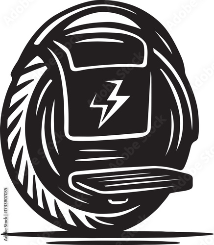 Stylized black and white illustration of a futuristic electric unicycle with a lightning bolt symbol representing power and innovation