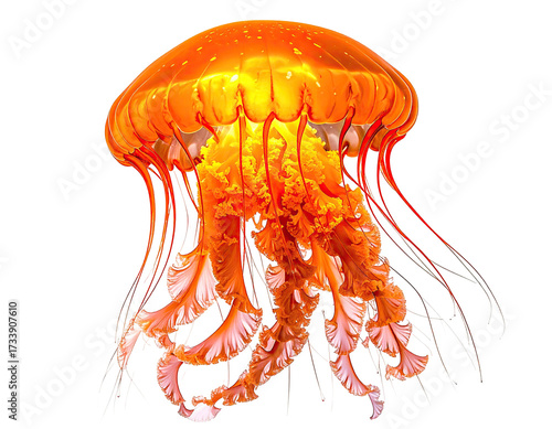 A vibrant orange jellyfish with flowing tentacles against a black background