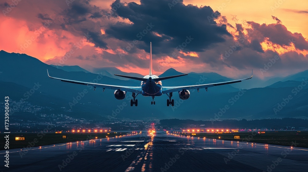 Fototapeta premium Airplane approaching runway at dusk with mountain backdrop and dramatic sky in the background view