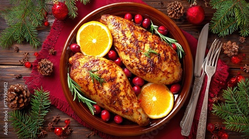 Christmas roasted chicken breasts, with cranberries and orange slices, on wooden table with pine branches and ornaments, top view, copy space