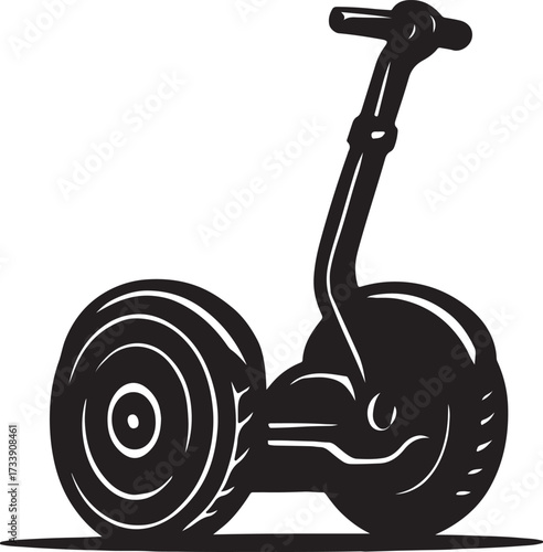 Silhouette of a personal electric self balancing two wheeled transporter vehicle with handlebars and wheels