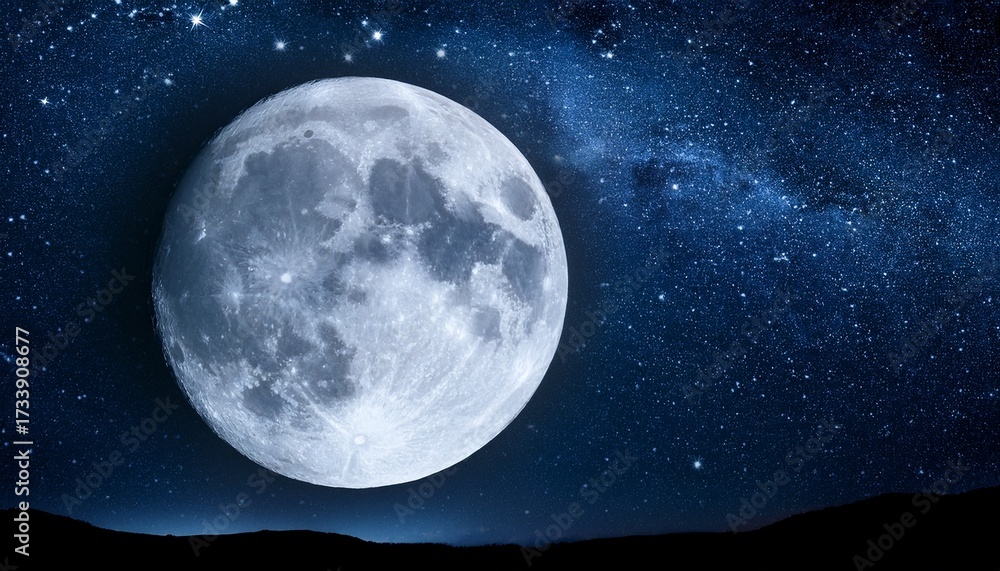 Fototapeta premium Huge Full Moon On The Night Black Sky With Bright Stars