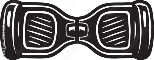 Stylized black and white illustration of a futuristic electric unicycle with a lightning bolt symbol representing power and innovation