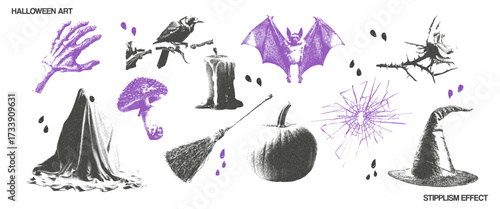 Halftone stipple effect elements set for Halloween. Ghost, candle, witch hat, bat, pumpkin. Vector. 