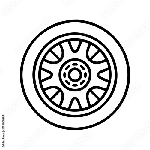 Illustration of a black outline wheel representing transportation and automotive