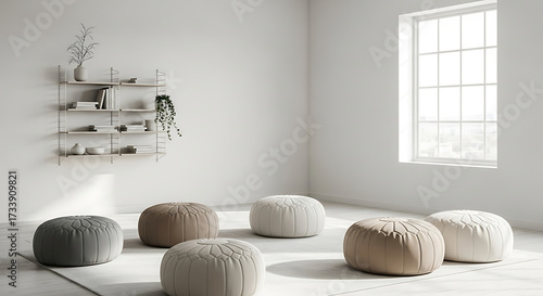 Minimalist White Living Room with Neutral Poufs and Simple Shelving