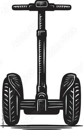 Black and white illustration of a personal electric self balancing scooter with two wheels and handlebars