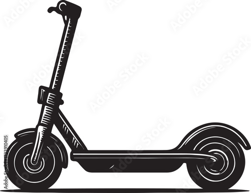 A black and white illustration of a modern electric scooter with handlebars and wheels isolated on a white background
