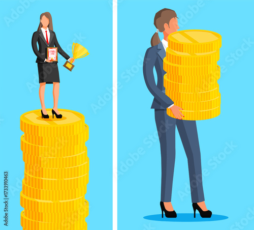 Woman in business suit standing on coin stack with trophy and diploma. Businesswoman carrying big stack of coins. Financial success concept.