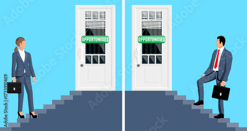 Businesswoman and businessman standing on stairs in front of doors with opportunities sign. Career choice and business challenge concept.