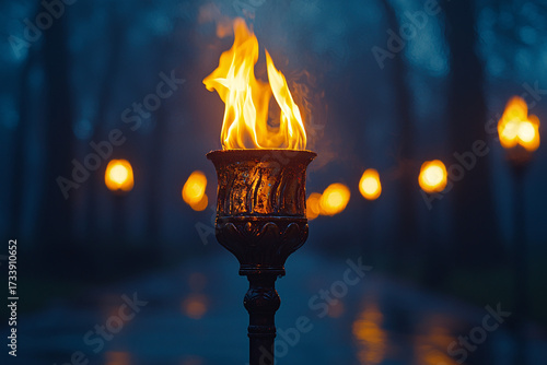 A glowing torch illuminates a misty path, surrounded by soft bokeh lights. The warm flames contrast beautifully with the cool, atmospheric backdrop.