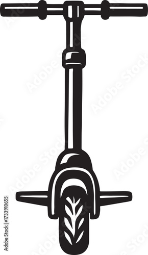 Close up front view of a black and white illustration of a pogo stick with a textured wheel against a white background