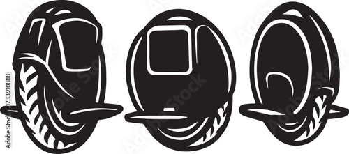 Three stylized black and white illustrations of electric unicycles seen from different angles on a white background