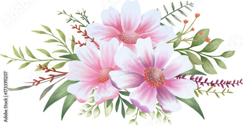 Pink green watercolor flower arrangement for design card, postcard, textile, flyer