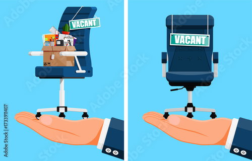 Man hand holding office chair with personal items and empty chair with vacant sign. Human resources, job search, and hiring concept.