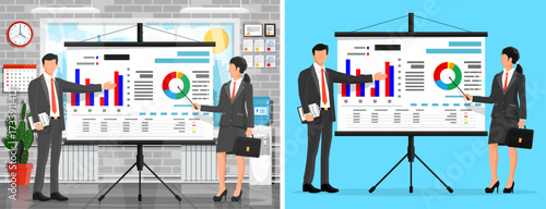 Man and woman making presentation on whiteboard. Business conference concept, professional meeting, training, or workshop. Flat style vector.