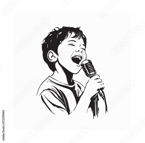Young Boy Singing with Microphone Vector Illustration Stage Show