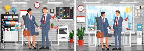 Woman and man business workers shaking hand. Business meeting and partnership concept. Office with city view. Modern company.