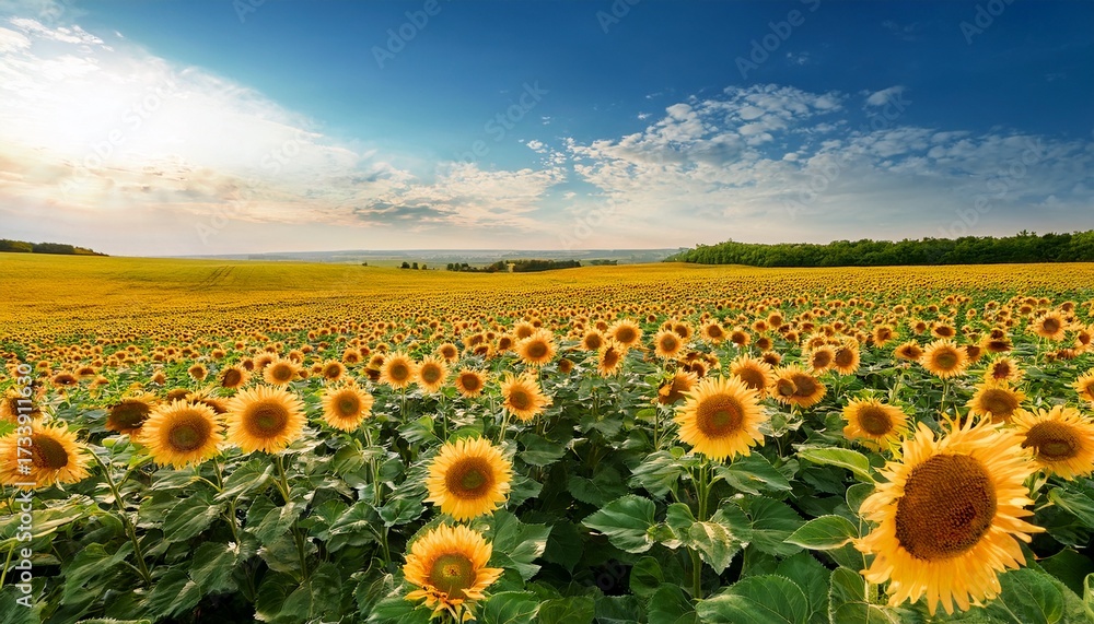 Obraz premium Sunflowers Stretching To The Horizon Under A Bright Summer Sky A Stunning Display Of Tranquil Natural Beauty