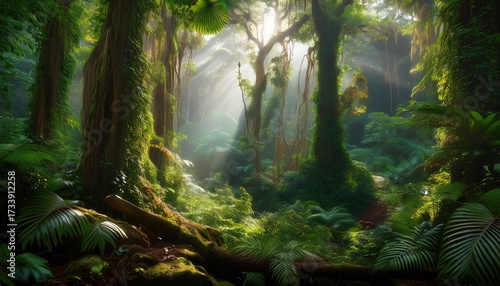 Dense Rainforest With Towering Trees And Beams Of Sunlight Immersive Wildlife Sounds Adventure Game Atmosphere