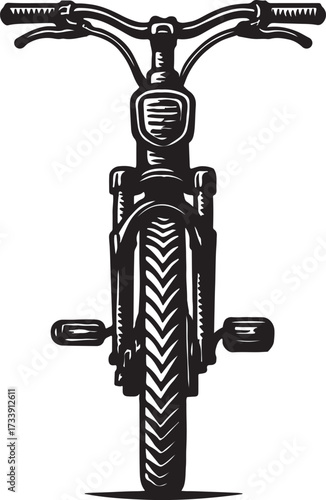 Detailed black and white illustration of a vintage bicycle s front wheel handlebars and pedals viewed from directly in front