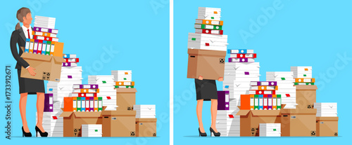 Woman office worker carrying a cardboard box full of documents and files. Office move and bureaucracy work concept.