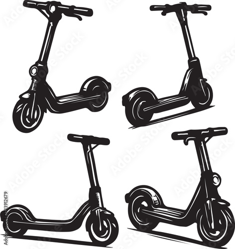 Four distinct black and white illustrations of modern electric scooters showcasing their unique designs and portability for urban travel