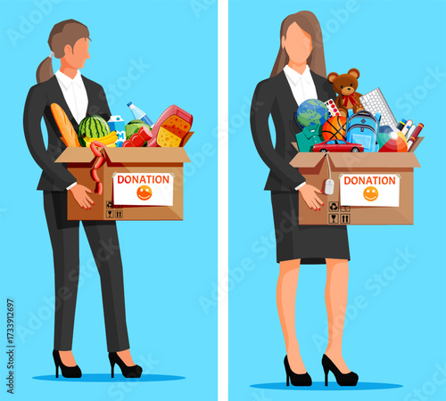 Two women holding donation boxes. Humanitarian aid concept with food, clothes, and toy items. Charity for poor, help for refugee.