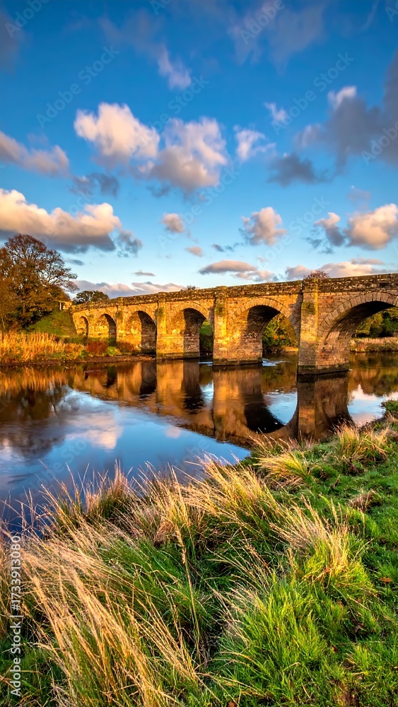 Obraz premium Picturesque stone bridge over a calm river at sunset
