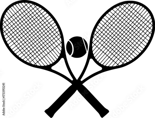 Two tennis rackets with a tennis ball in the middle. The rackets are crossed over each other