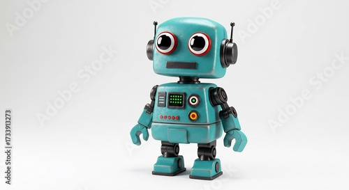 Cute teal robot stands brightly lit on a clean white background a playful retro toy concept
