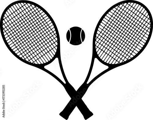 Two tennis rackets with a tennis ball in the middle. The rackets are crossed over each other