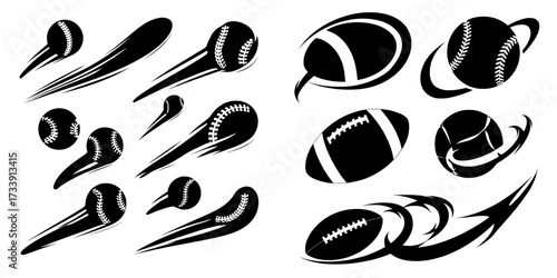 The design for baseball and athletics features a combination of swish typography, font elements, and modern black swirl lines, with retro-style swash underlines, shapes, and swooshes accompanied by