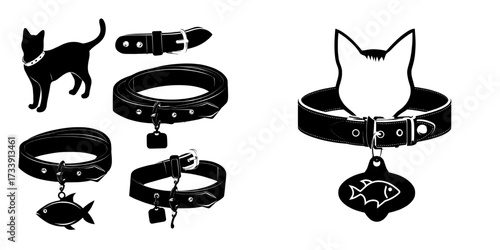 Domestic animal accessories, including pet collars with id tags for cat or dog neck, are represented by a modern cartoon set of leather belts with buckle and gold, silver and metal badge in shape