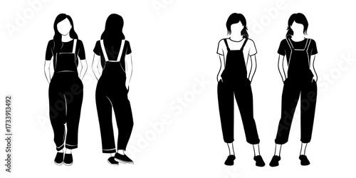 Modern women's black jumpsuits are displayed in a 3D mockup from front and back views, with a blank template of female overalls, including pants or shorts, paired with a t-shirt, isolated on a