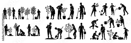 A modern set of illustrations showcases people working in gardens, planting trees, and tending to them through watering and harvesting, with scenes of farmers and volunteers in farms, yards, and