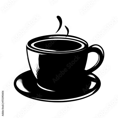 In a cartoon drawing style, a cup of coffee is illustrated as a flat, modern image, complete with a sharp shadow