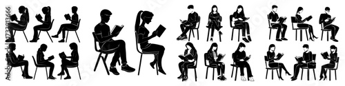 Modern flat illustration depicting isolated teenagers sitting in a chair, reading textbooks or literature, comprising young people with books, including students from school, college, or university